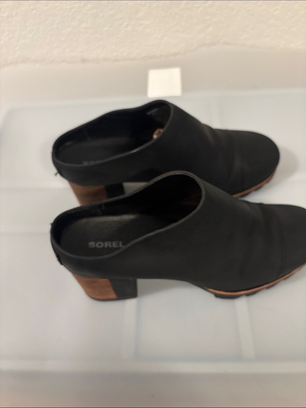 Sorel Black Addington Mule boots SZ 8.5 stacked heel slip on waterproof leather - Picture 5 of 12